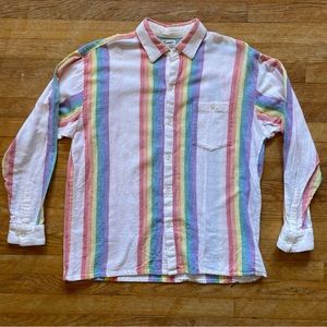 Men’s Vintage Cotton Linen Rainbow Striped Collar Button Up Pride Shirt XL
